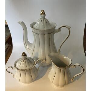 Vintage CRYSTAL CLEAR WHITE GOLD SERVICE TEAPOT/ CREAMER/ SUGAR BOWL SET